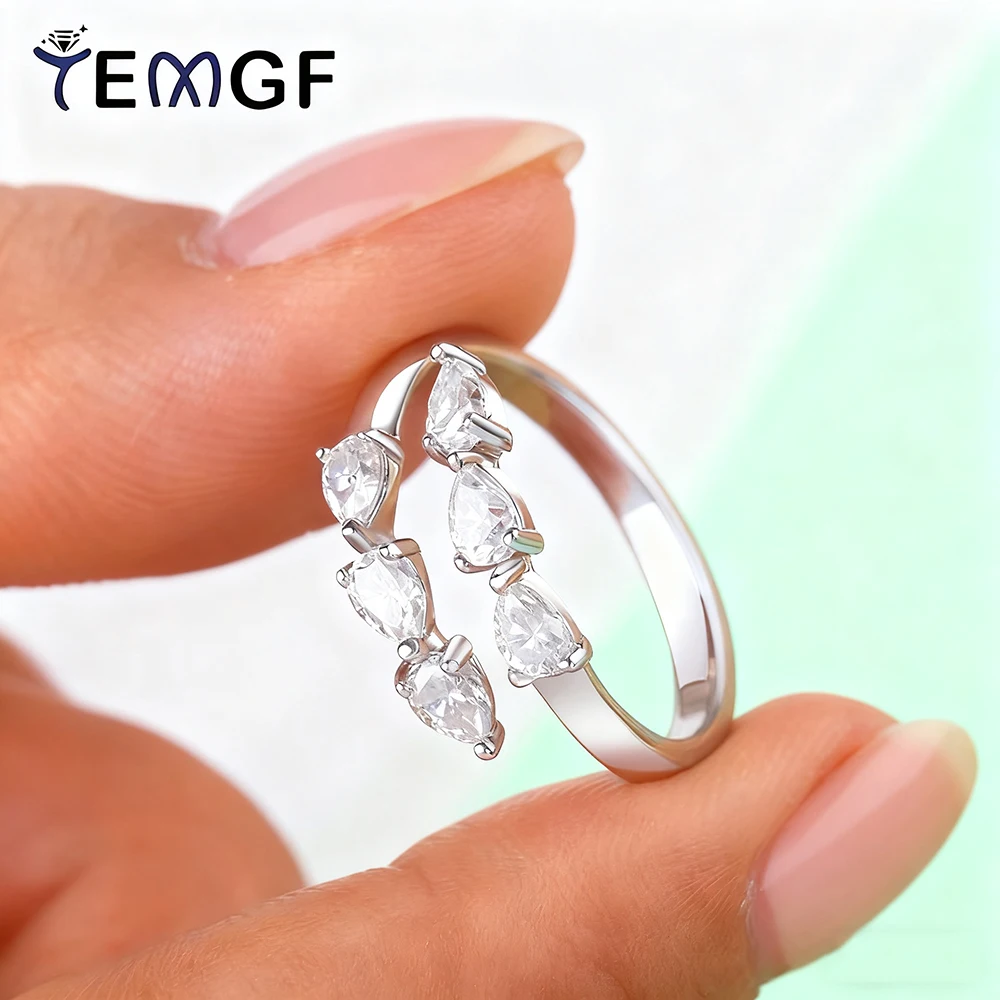 

TEMGF 3*4mm Pear Cut Moissanite Rings for Women S925 Silver Wedding Party Open Band Shiny Tail Ring Fine Jewelry Pass the Test