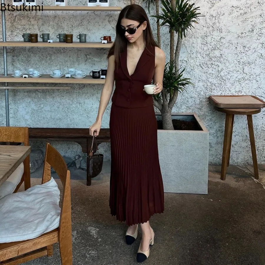 New 2024 Women's Elegant 2PCS Sets Spring Summer Skirts Set Sleeveless Button Tops+ Pleated Maxi Skirts Suits Y2k Casual Outfits