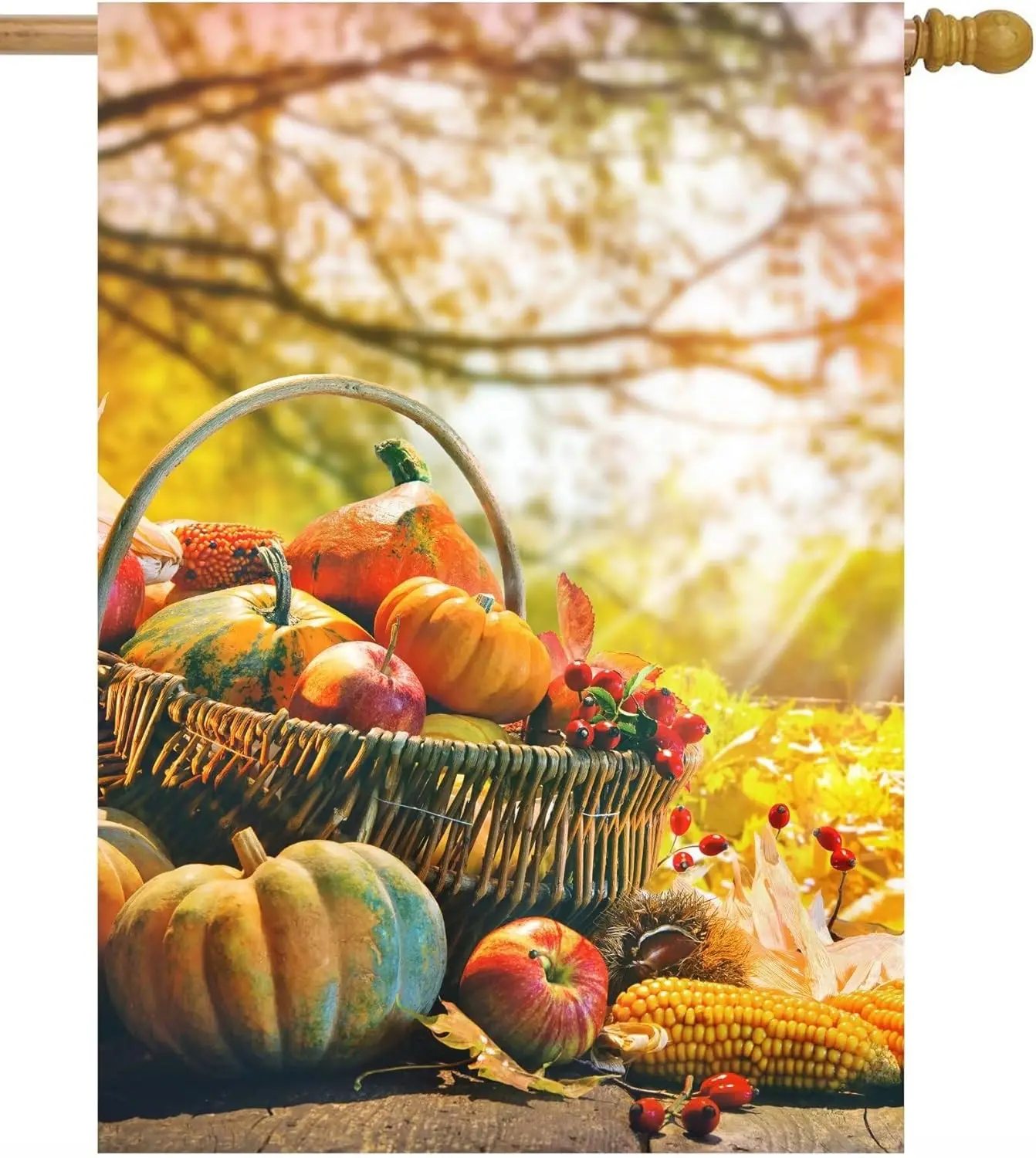 Thanksgiving Pumpkins Corn Berries Falling Leaves Autumn Sunrise House Flag 28 x 40 Double Sided Polyester Welcome Large Yard Ga