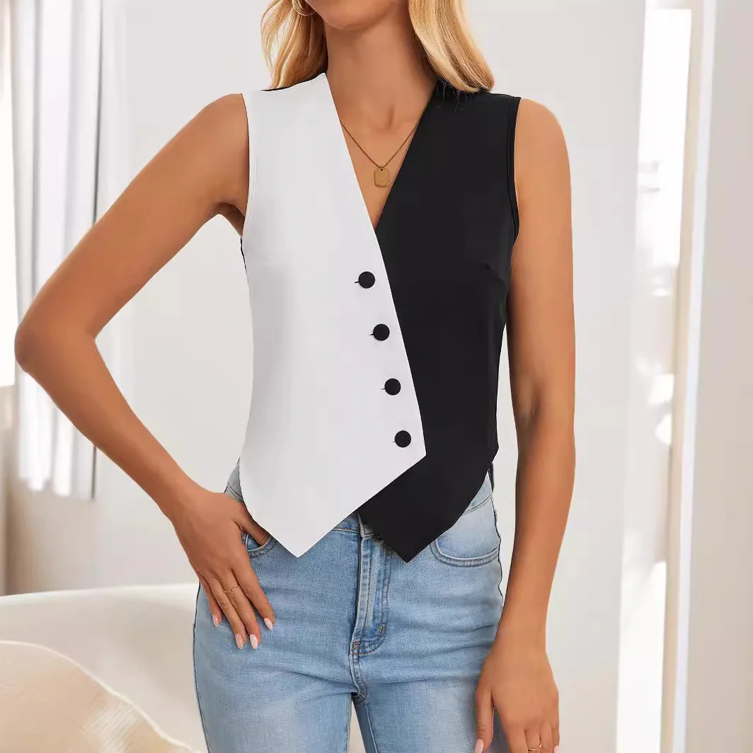 Women Vests 2024 European and American fashion spring and summer black and white contrasting cross V-neck short suit waistcoat