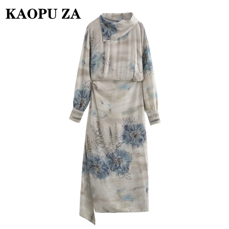 KAOPU ZA Woman 2024 Autumn Vintage Half high Collar Long Sleeve Ruffles Dresses Midi Skirt Female Casual Print Button Dress Top