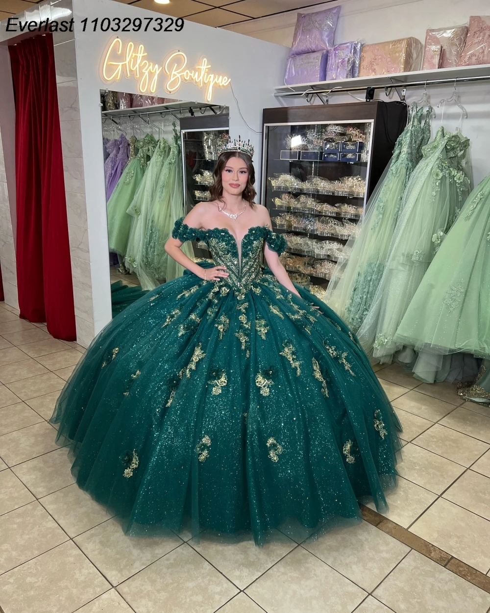 فستان EVLAST-Quinceanera ، ثوب الكرة ، زين لامع ، مشد كريستال مطرز ، حلو 16 ، أخضر زمردي لامع ، TQD966