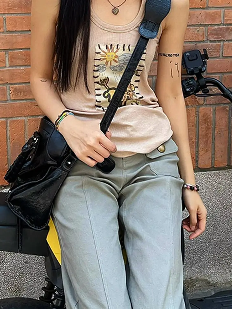 Women Grunge Vintage Low Rise Skinny Cargo Jeans 2025 Autumn Gyaru Y2K Flare Denim Pants 90s Aesthetic Streetwear Trousers