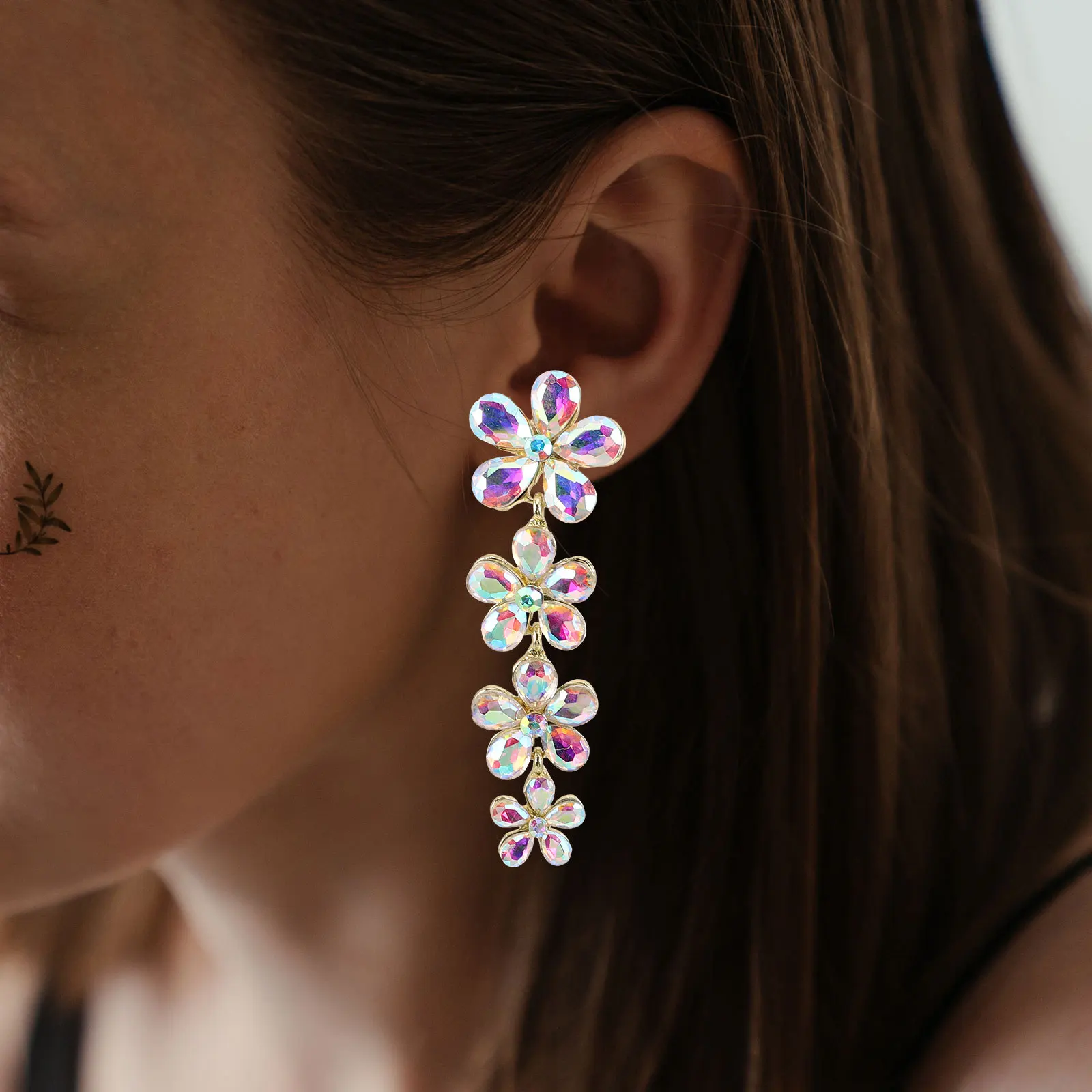 

1 Pair Dangle Floral Drop Earrings For Women Wedding Bride Rhinestone Flower Statement Bridal Jewelry Long Hanging Earrings