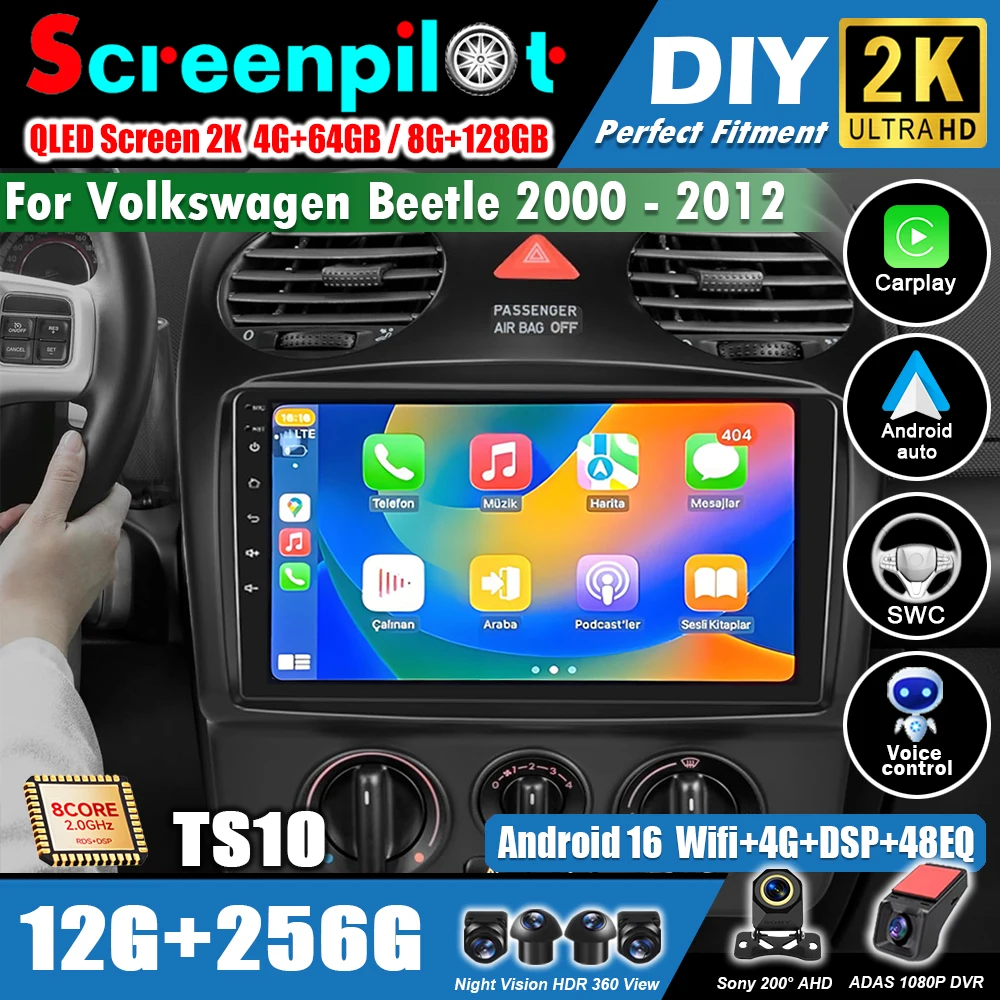 Radio Multimedia 4G Estéreo Android 16 para Volkswagen Beetle 2000-2012, Reproductor de Auto con GPS, Navegación, Pantalla, Sin DVD 2din