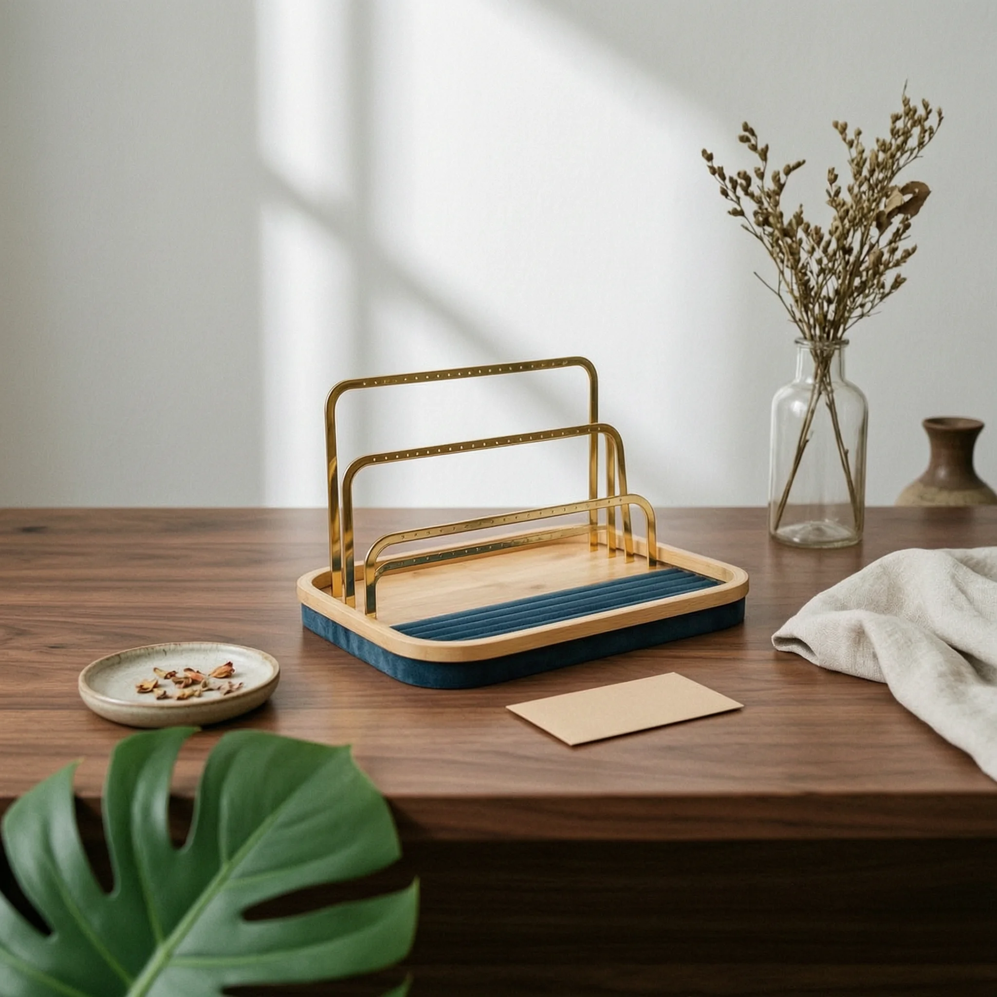 Jewelry Display Stand Velvet Tray Tiered Accessory Rack Golden Rods Bamboo Frame for Retail Counter or Home Use