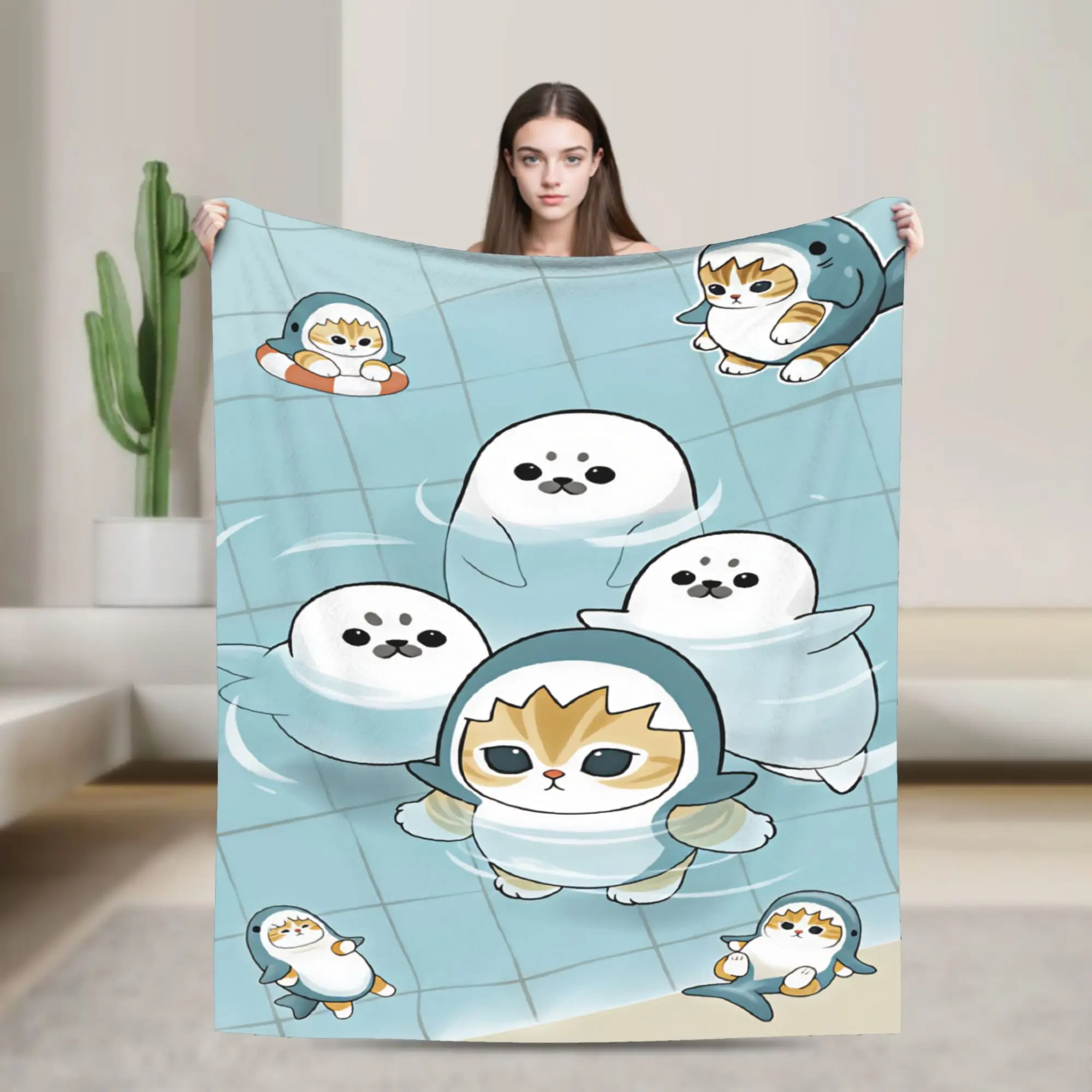 Mofusand Japanese Shark Cat  Blankets Picnic Flannel Throw Blanket For Couch Bed Warm Soft Customized Quality Bedspread Gift