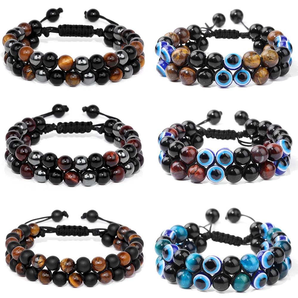 Men Triple Protection Stone Bead Bracelet Double Layers Tiger Eye Hematite Obsidian Rope Wrap Bracelet Handmade Jewelry Gift