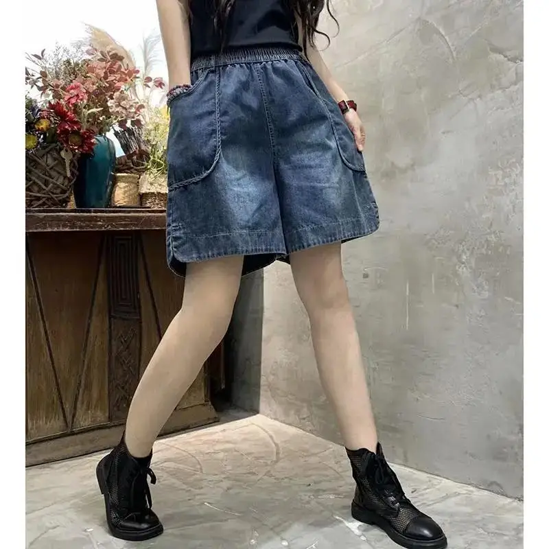 

Лето 2024, женские свободные джинсовые брюки с эластичной резинкой на талии, универсальные повседневные широкие шорты с высокой талией