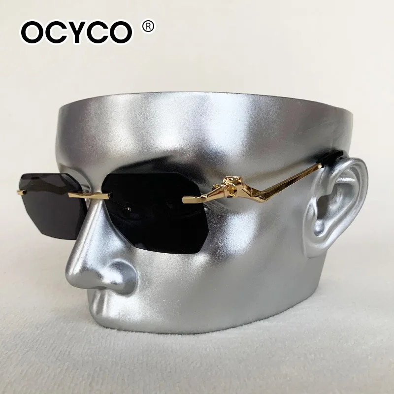 OCYCO Fashion Rimless Sunglasses Men Trendy Vintage Cheetah Head Alloy Frameless Eyeglasses For Man Luxury Driving Sun Glasses