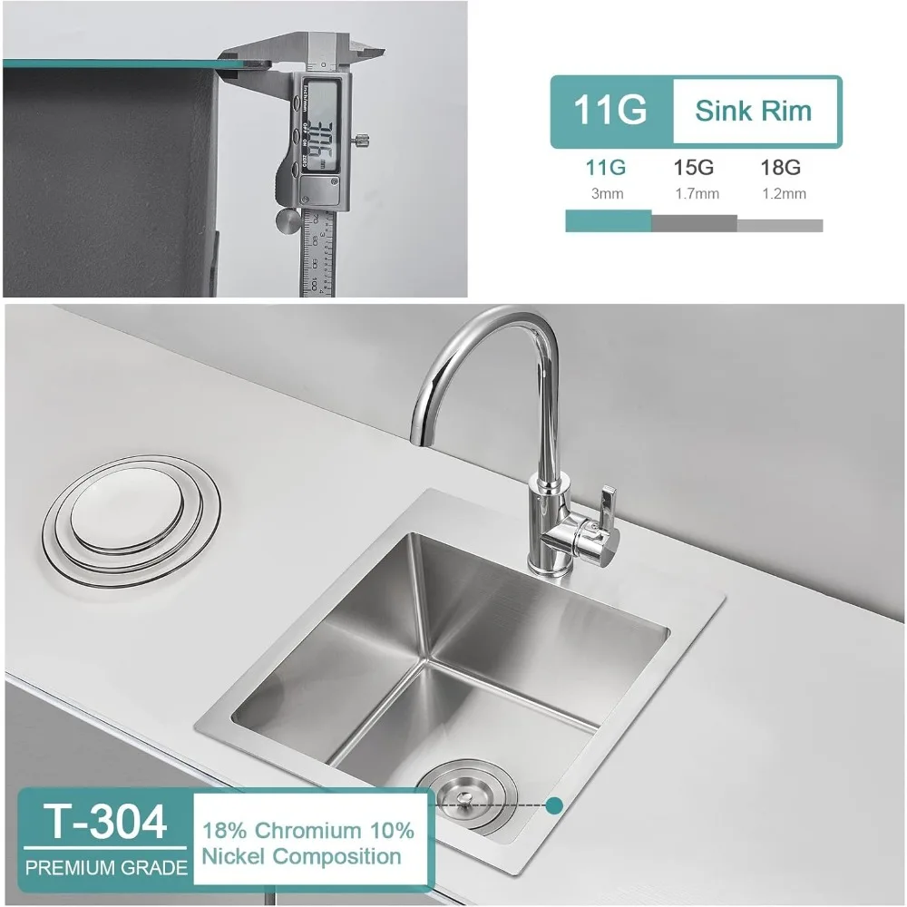 حوض بار منسدل مقاس 15 بوصة، وعاء واحد ممتاز من الفولاذ المقاوم للصدأ للاستخدام الصغير #3