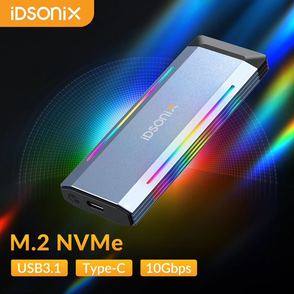 

iDsonix NVMe M2 SSD Case RGB Colorful M.2 NVME Solid State Drive Enclosure 10Gbps USB C 3.1 NVMe External Hard Disk Case Storage