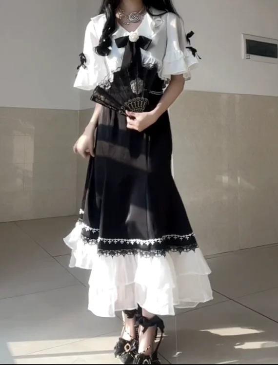 Fishtail saia com xale, branco, preto, xale