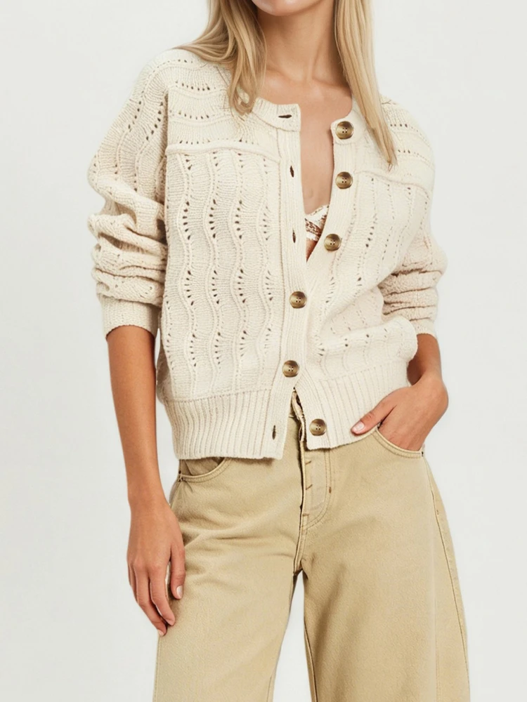 Women's Hollowed Out Knitted Cardigan Long Sleeved Loose Fit Retro Style Sweater Jacket Daily Casual Knitted Outerwear New Style