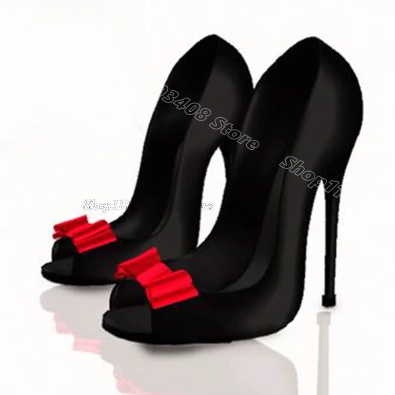 

Black Stiletto Bowknot Decor Pumps Peep Toe Shallow New Fashion British Style Women Summer Party Shoes 2024 Zapatos Para Mujere