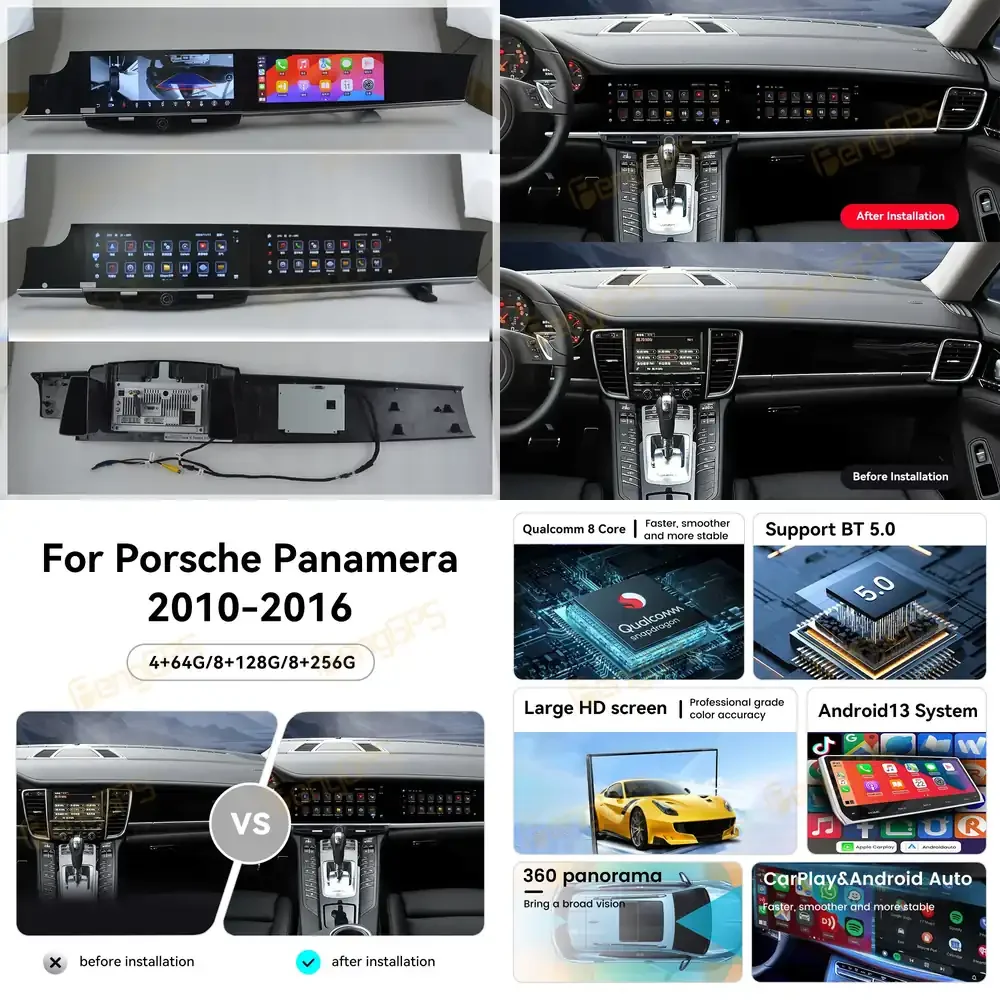 

12,3-дюймовый двухэкранный мультимедийный проигрыватель Android с CarPlay для Panamera 2010-2016, DSP, видео