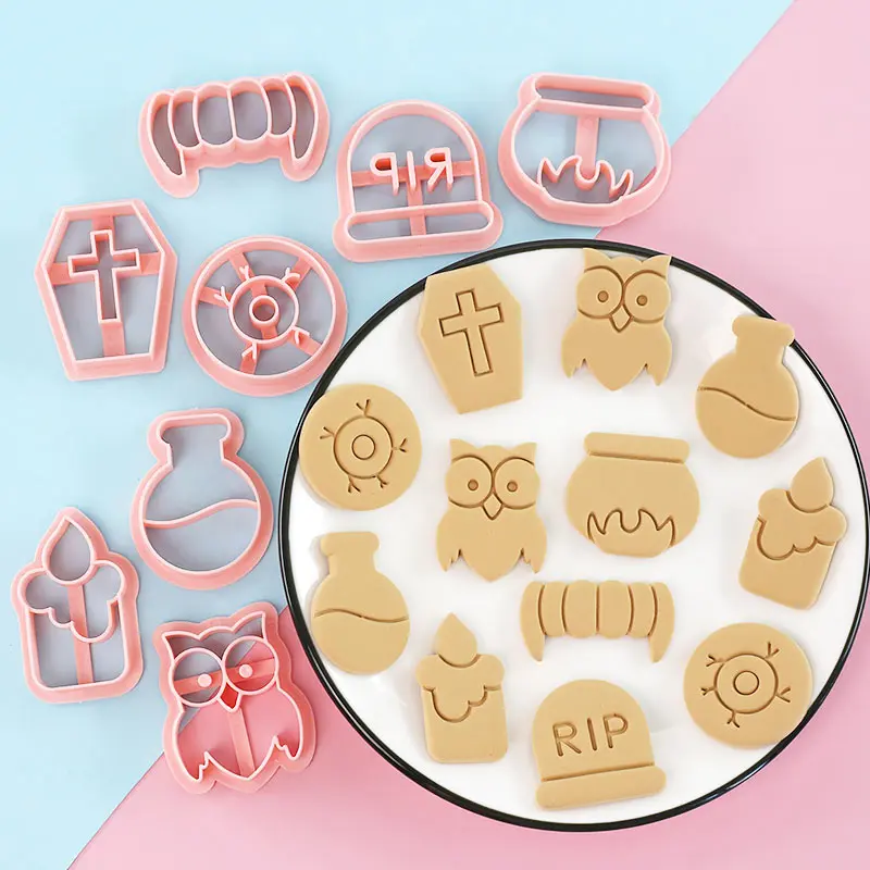 8Pcs Halloween Cookie Cutter Plastic 3D Biscuit Mold Owl Coffin Cauldron Vampire Fangs Fondant Stamp DIY Party Baking Tools