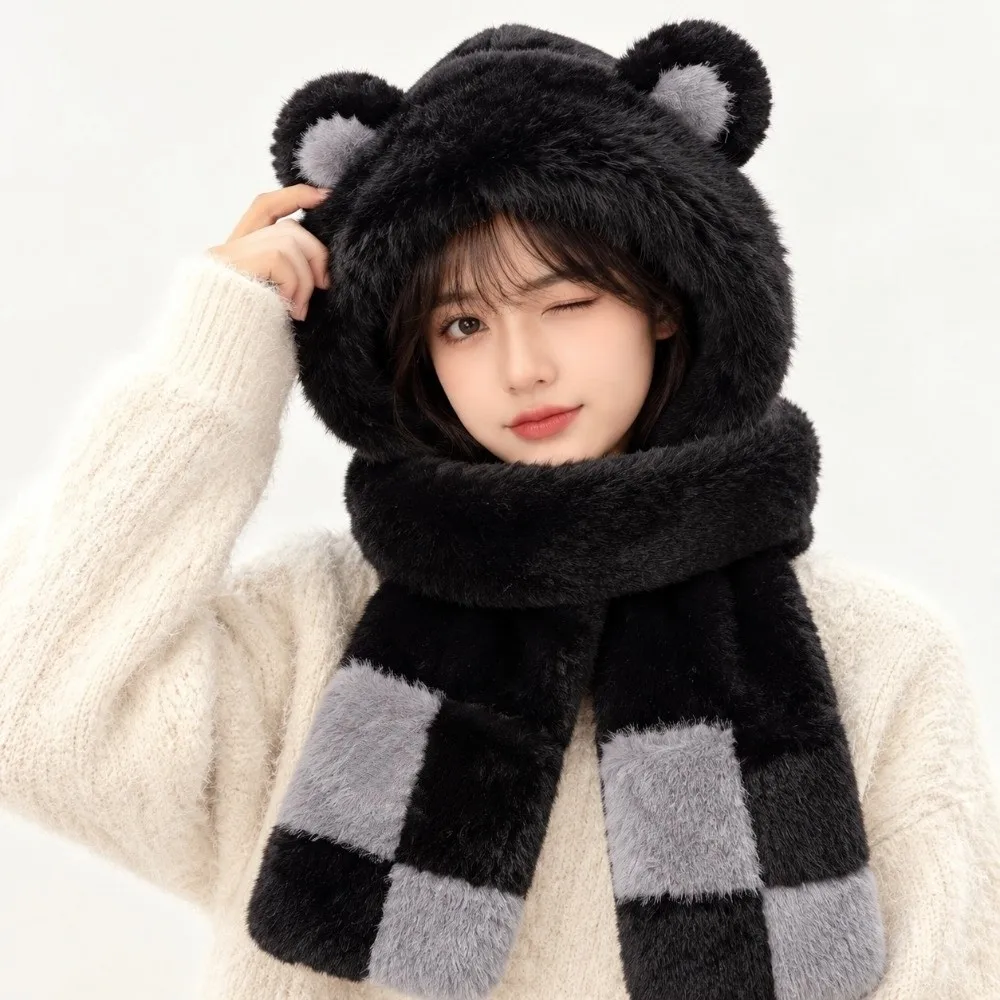 Fashion Thickened Women's Hat Scarf Cute Bear Fleece Lined Winter Hat Scarf Three-in-One Ear Protection Hat Winter