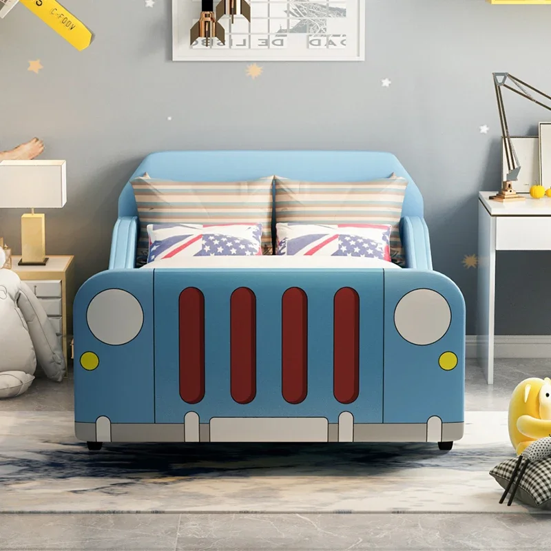 Children's furniture Children's bed Single bed Boys soft bag Leather bed Creative teenager with guardrail splicing