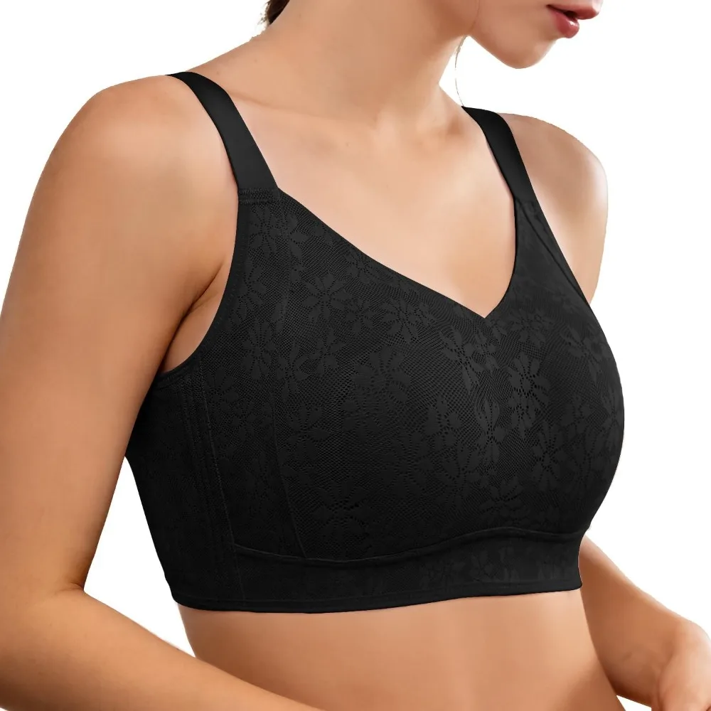 

Women's Comfortable Mini V-neck Bras Fashion Lace Breathable Thin Pad Fully Covered Anti Sagging Side Support
