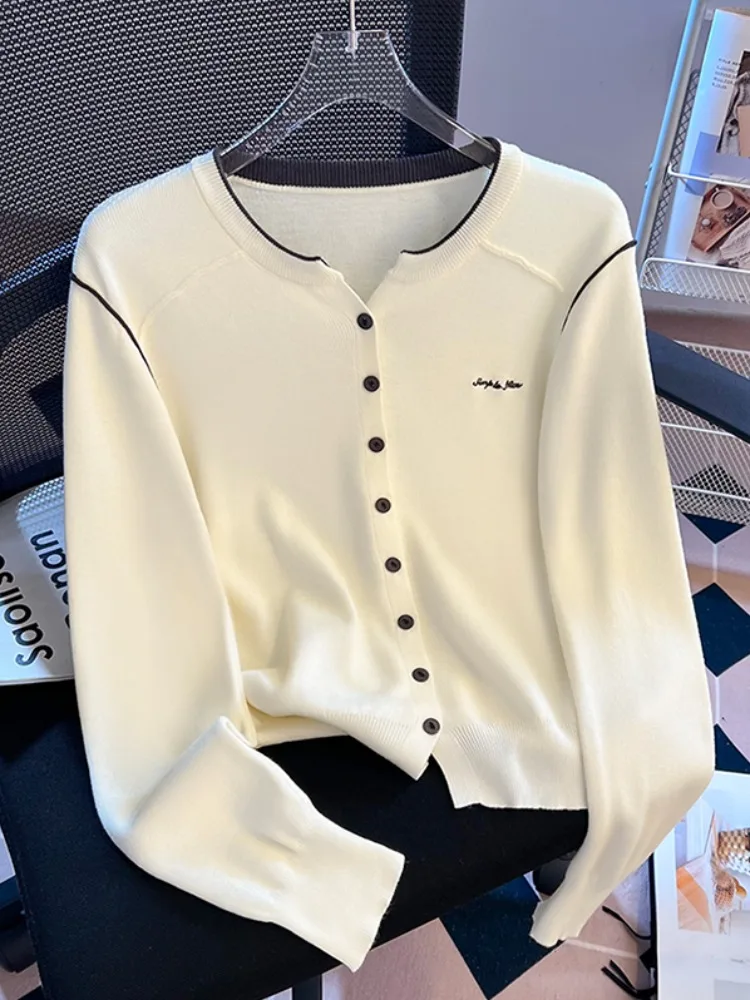 

Simple Stitched Letter Long Sve Knitted Open Cardigan Women Early Autumn Thin Top Self-Kee Sle Commute Korean Version