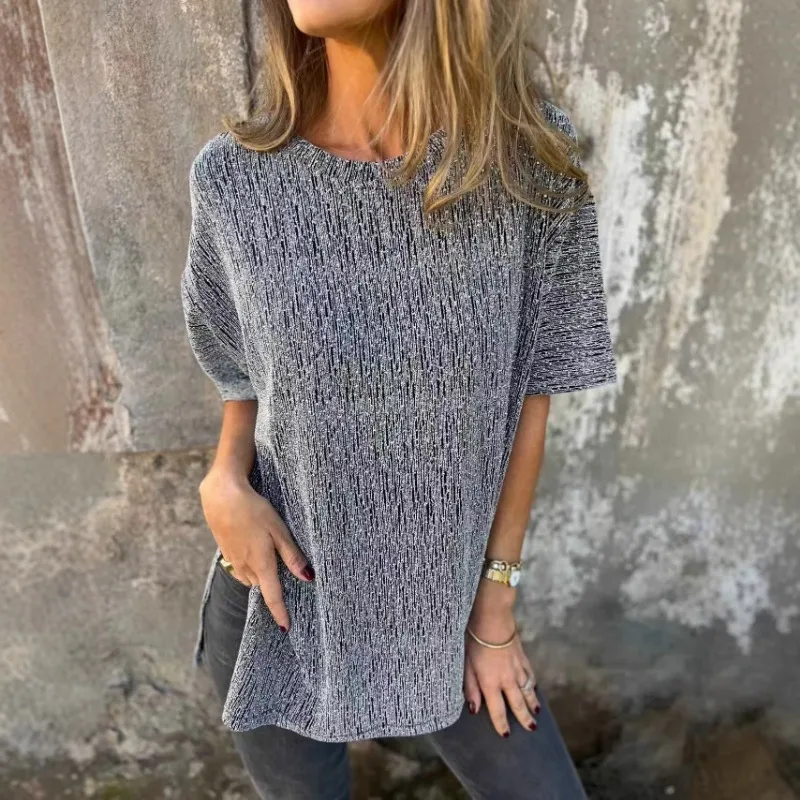 Women Glitter Thread Crew Neck Split Hem Loose Short Sleeve Casual T Shirt