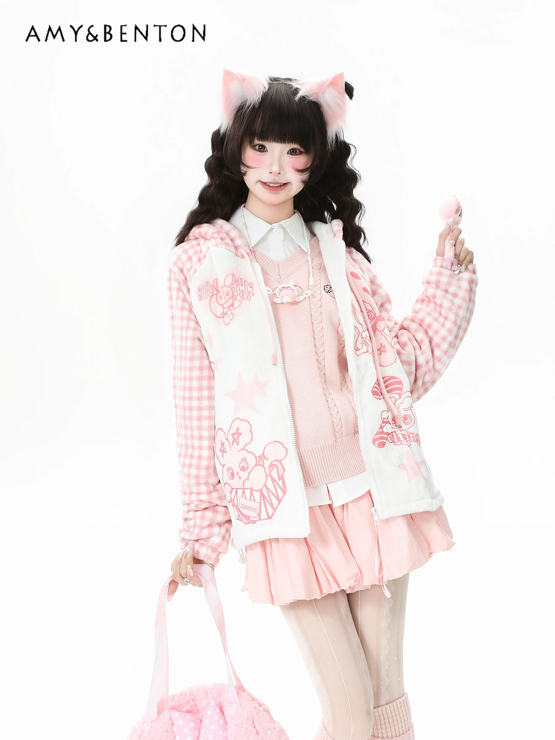 

2025 Autumn Winter New Ladies Sweet Cute Loose Casual Cartoon Printed Rabbit Ears Stuffed White Pink Plaid Coat