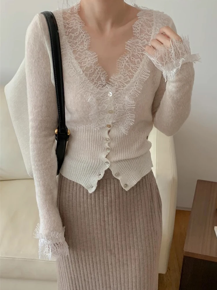 

Шикарный осенний кардиган с V-образным вырезом, ажурной вязкой и кружевом, с длинными рукавами, для женщин, модный, для повседневной носки, приталенный, в корейском стиле