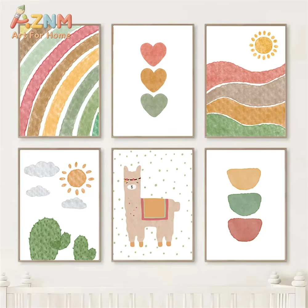 1PC Boho Sun Rainbow Heart Posters And Prints Alpaca Wall Art Canvas Painting Nordic Print Pictures Room Decor