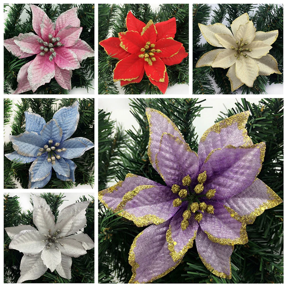 

24Pcs Festive Christmas Blossoms Glittered Artificial Flower Ornaments for Tree Table Display Holiday Home Decoration Gold