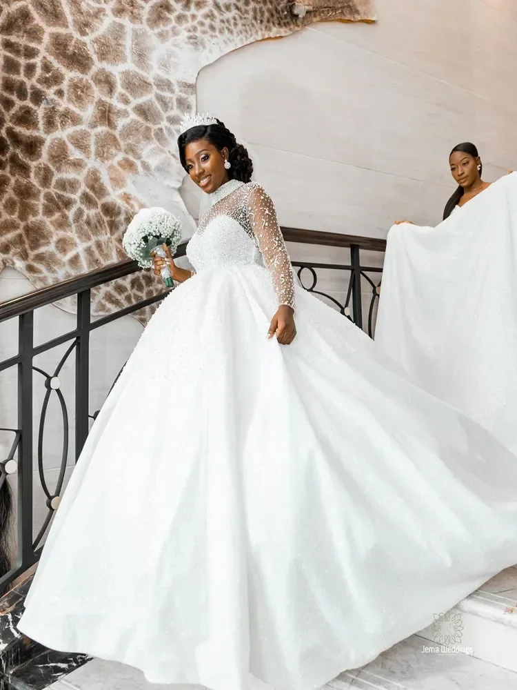 Grânulos personalizados lantejoulas vestidos de casamento africanos robe de mariée trem varredura plus size mangas compridas vestidos de noiva inchados