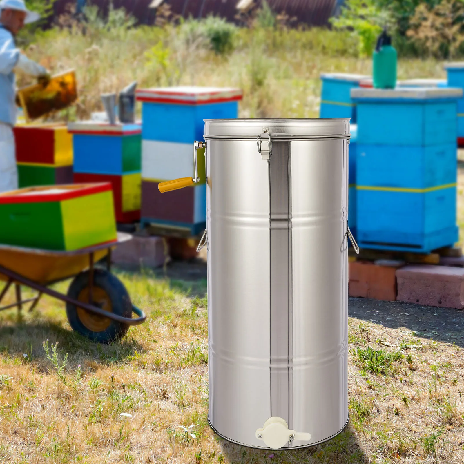 Ręczny wrzeciono do odwadniania miodu, nie wymaga elektryczności, zapewnia czysty i wydajny zbior.