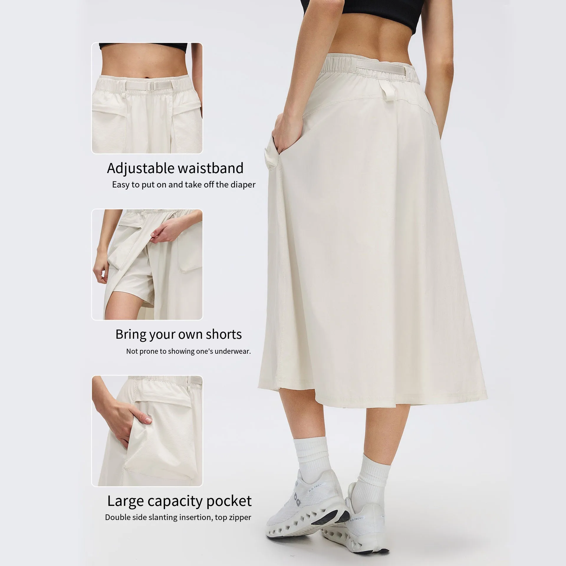Fake Two-Piece Sports Skirt Pants for Women, Lightweight Water-Resistant Skirt with Built-In Shorts, Large Pockets, Outdoor Hiking Casual Mid-Length Skirt