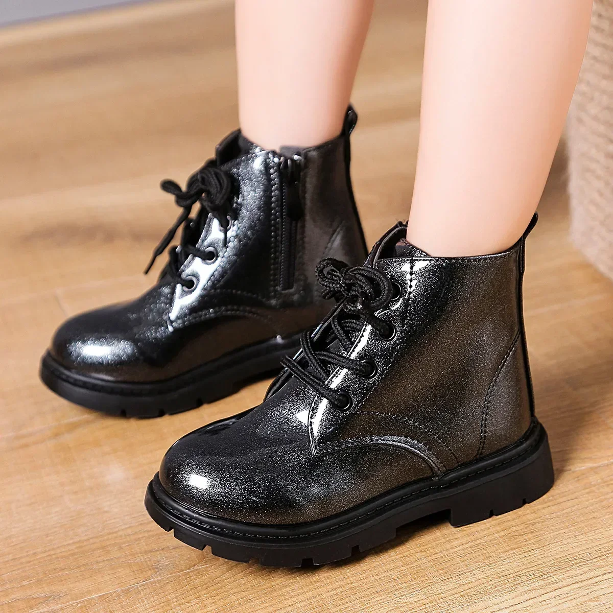 Botas curtas de couro com laca infantil, tênis feminino, sapatos de meninos, sapatos infantis, moda, primavera, outono, 2023