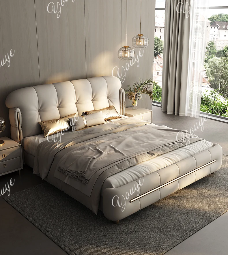 

Master bedroom modern simple light luxury leather bed high-end atmosphere 2 meters solid wood soft bed