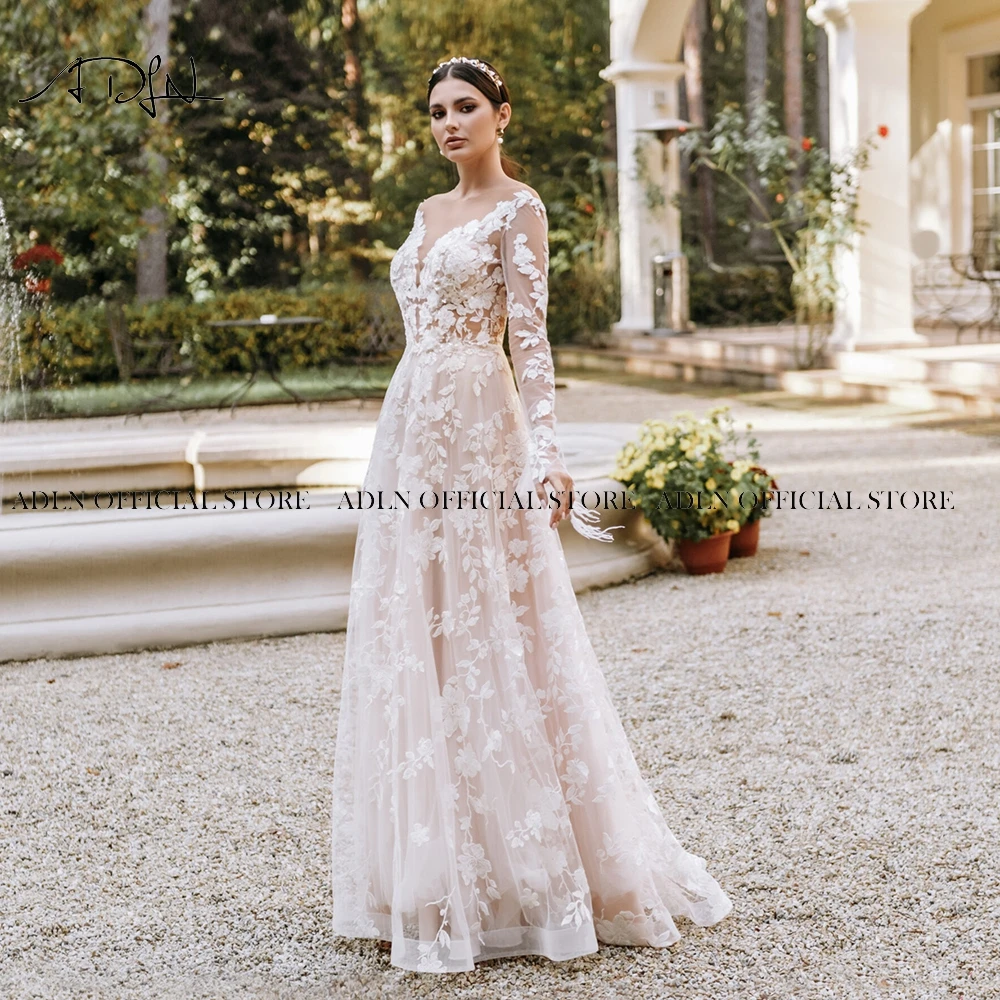 Charming Sheer Neck Lace Wedding Dress High Quality Illusion Bodice Bride Dress Sweep Train A-line Long Sleeves Bridal Gown