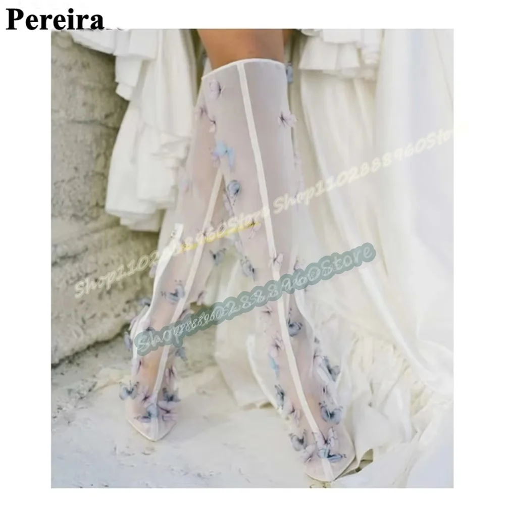 

Knee High White Elegant Gauze Butterfly Boots Thin High Heel Women Shoes Side Zipper Pointed Toe Elegant Banquet Stylish Boots