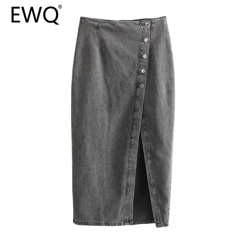 

EWQ Fashion Split Denim Skirt For Women Casual Button High Waist Solid Color Versatile Loose A-line Long Skirts 2024 New 27X610