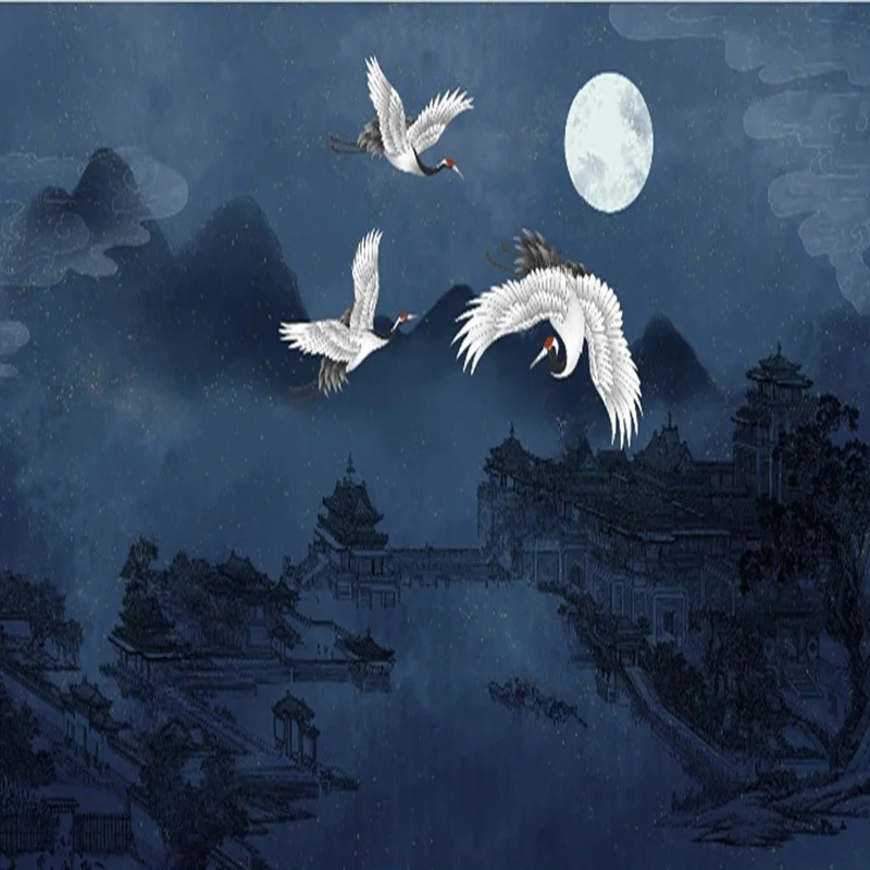 Custom Chinese Hand-Painted Ink Landscape & Crane Mural Wallpaper - Elegant Wall Decor Background for Living Room Bedroom