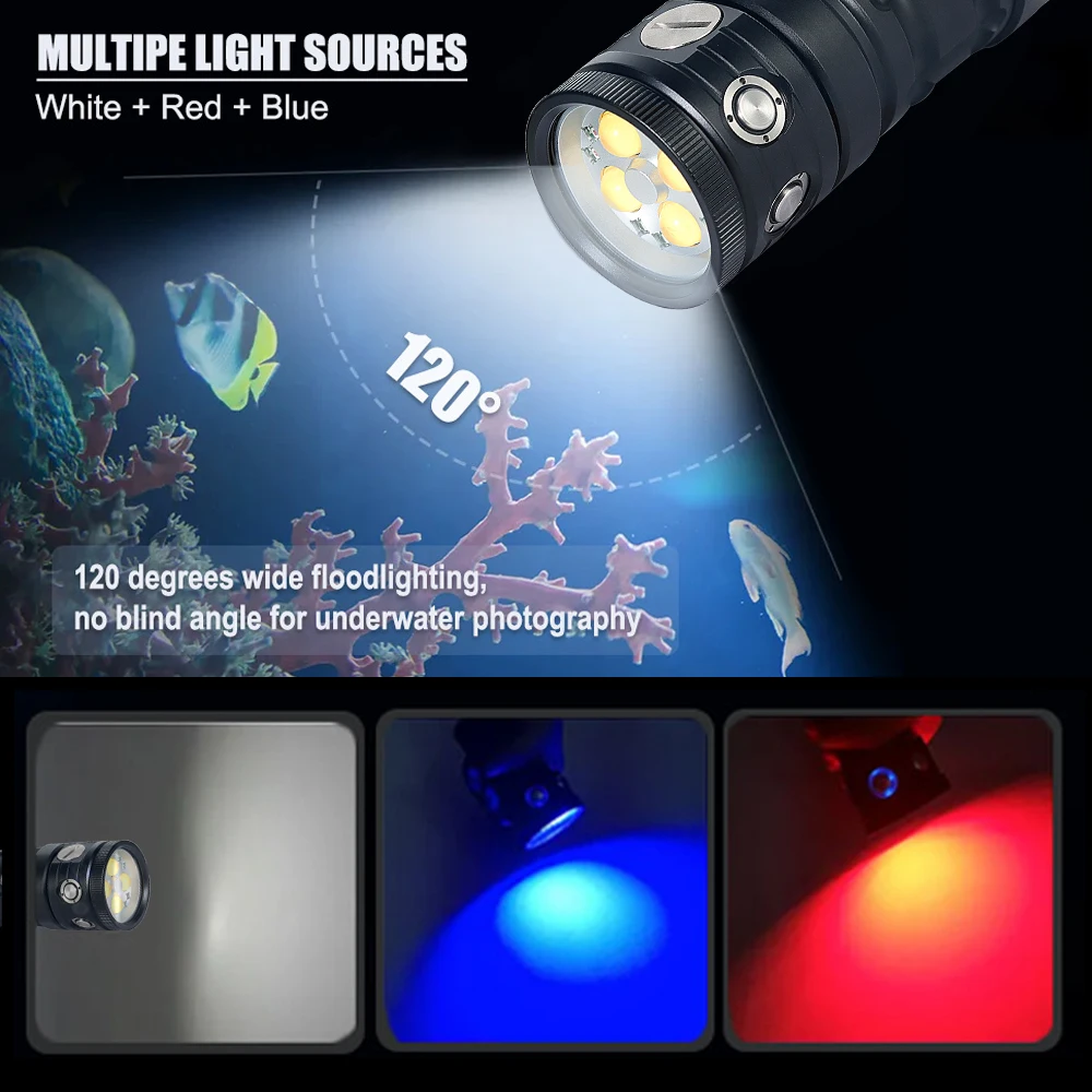 Diving flashlight, D16 20000 LM Scuba diving lighting 100m, 120 Degree wide beam angle, Photography video fill light