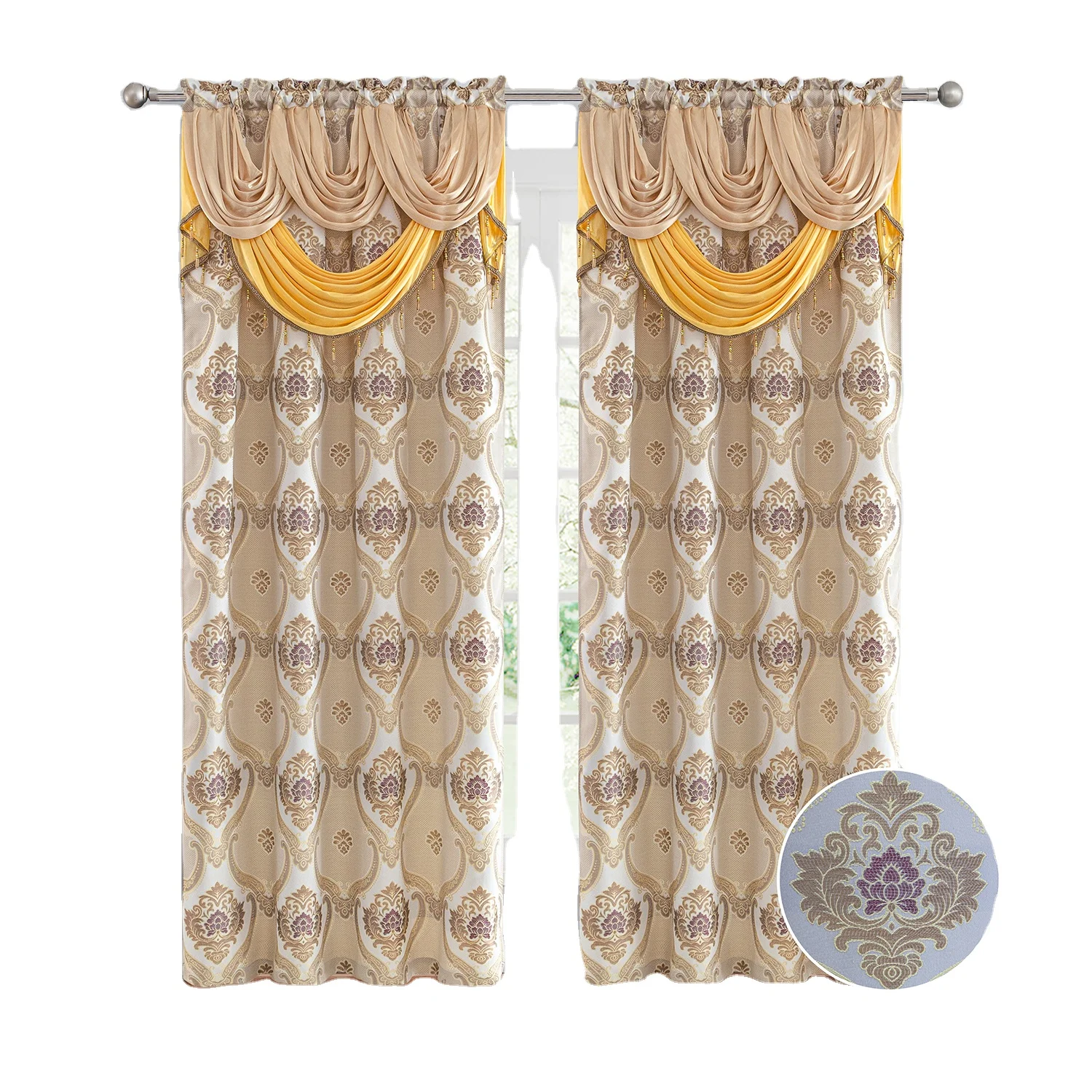 

New Arrival Yellow Red Jacquard Thick Blackout Embroidery Linen Blend Room Curtains