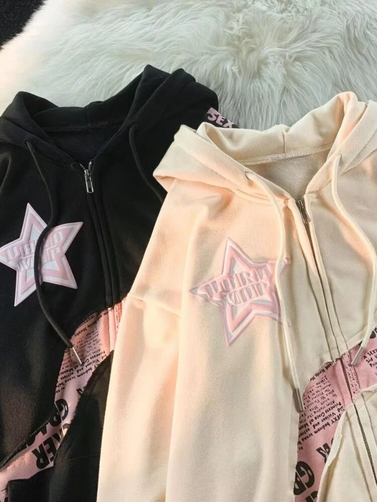 Kpop Hip Hop Sweatshirt Tops Zipper Jackets Coats Clothes Y2K Women Vintage Korean Streetwear Zip Up Star Hoodies Harajuku