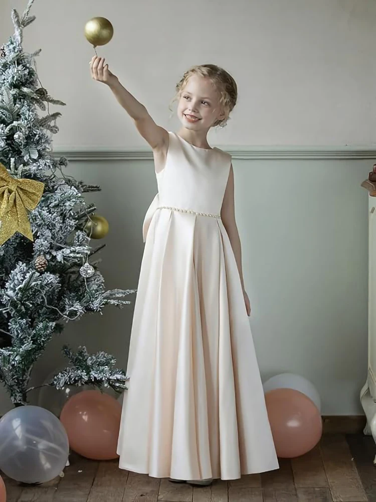 

Champagne Satin Flower Girl Dress Elegant Cute Children Long Dress Customizable Color Birthday Party Prom Evening gown