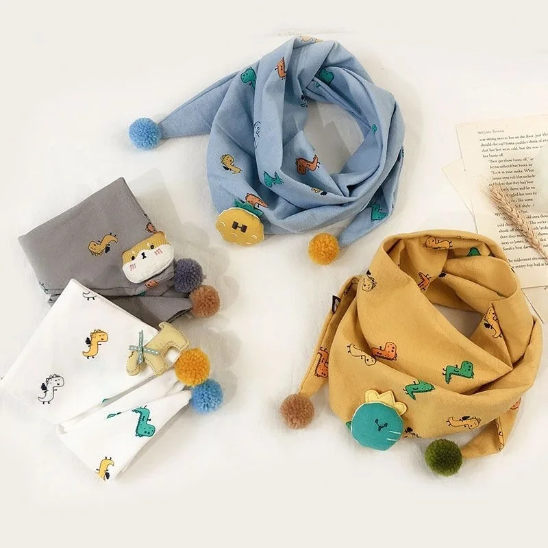 Children's scarves fall and winter thin section baby cotton linen cute cartoon triangle scarf boy dinosaur neckerchief baby scar