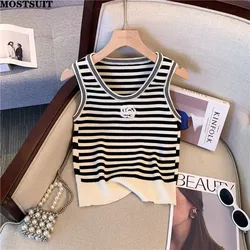 Summer Striped Knit Sweater Vest For Women Fashion Sexy Stylish Ladies Tops Sleeveless O-neck Flower Embroidery Knitwear 2024