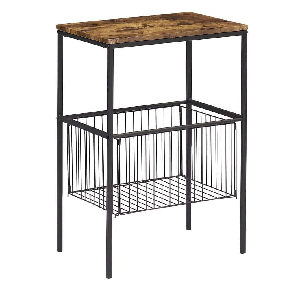 

Боковой столик, органайзер для хранения с высокой полкой 31 дюйм и складной корзиной, промышленный металлический каркас, коричневый