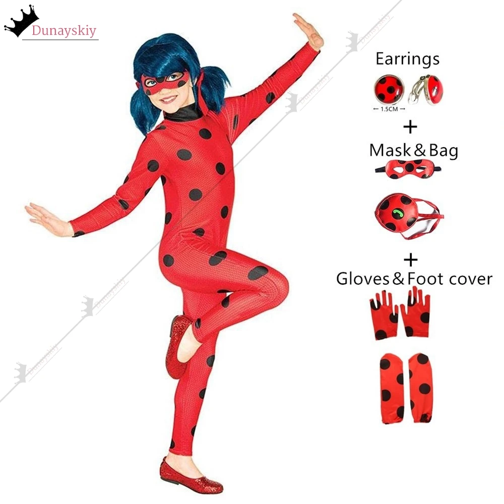 2025 Christmas Reddy Lady Beetle Cosplay Costume Mask Wig with Earrings Kids Set New Year Full Set Children Party Clothing