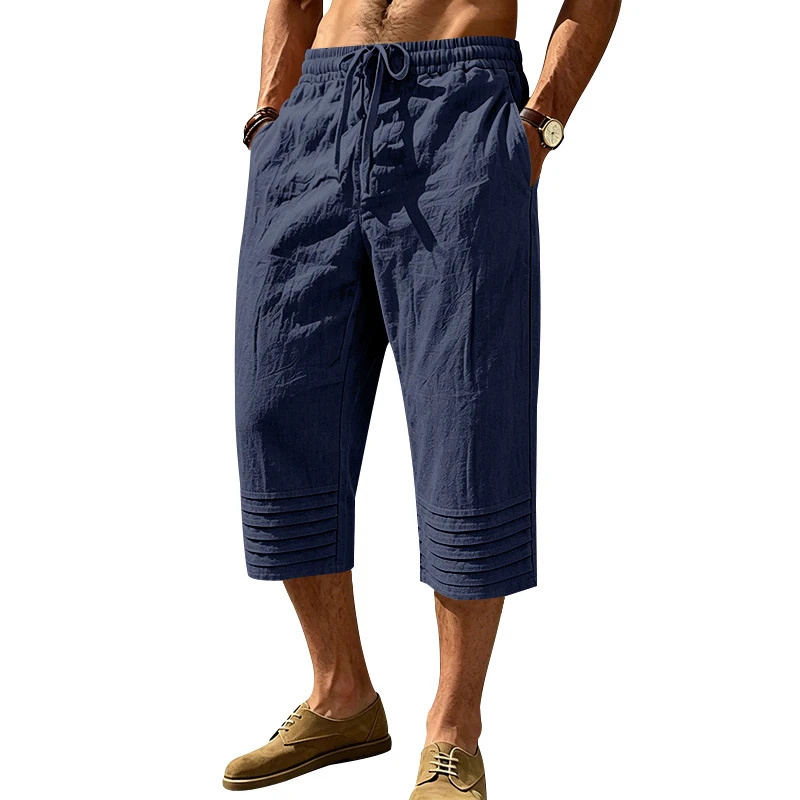 Men's Summer Linen 7/8 Shorts, Wrinkle Loose Hawaiian Beach Style, Casual Sports Trousers Wholesale For Europe & America