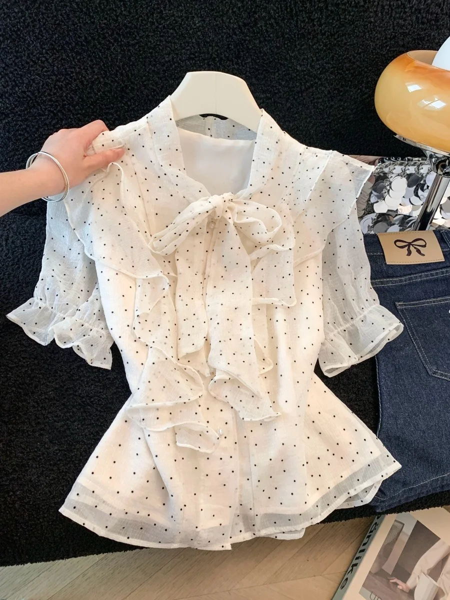 

Шикарная женская рубашка с коротким рукавом в горошек и узлом, летняя новинка, свободная, дышащая, модная, молодежный стиль, элегантный образ