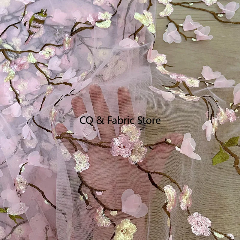 Pink Embroidered Mesh Lace Fabric Wedding Dress Lace European and American Dress Designer Fabric